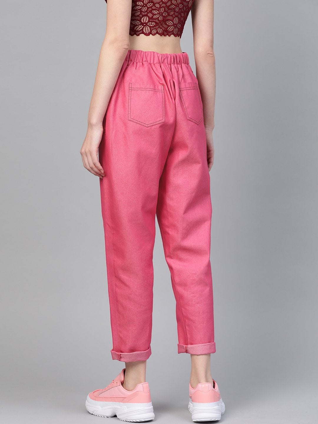 Women's Fuchsia Contrast Stitch Twill Tapered Pants