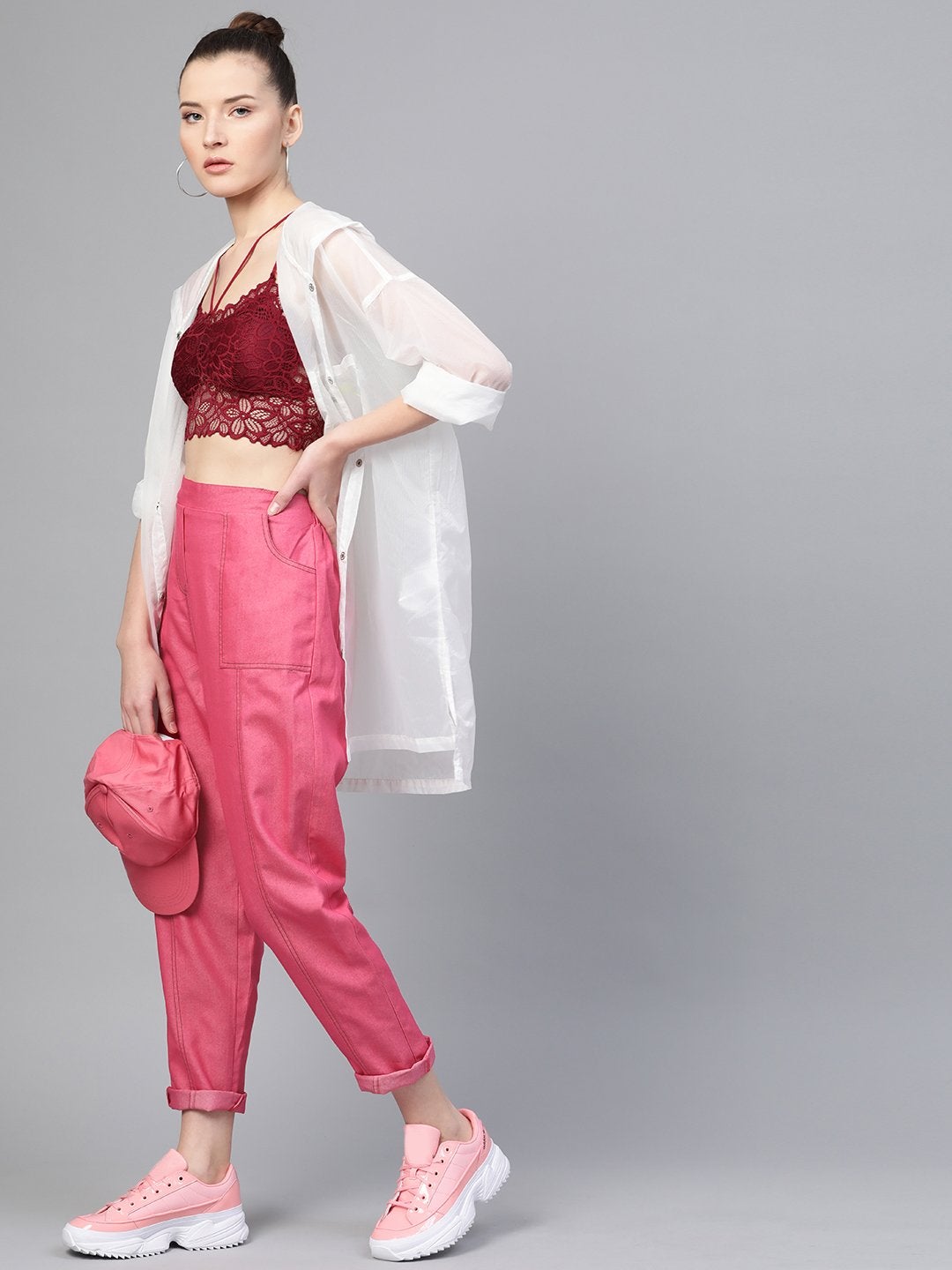 Women's Fuchsia Contrast Stitch Twill Tapered Pants