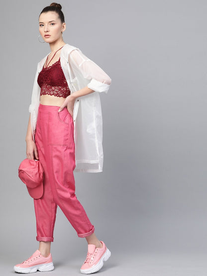 Women's Fuchsia Contrast Stitch Twill Tapered Pants