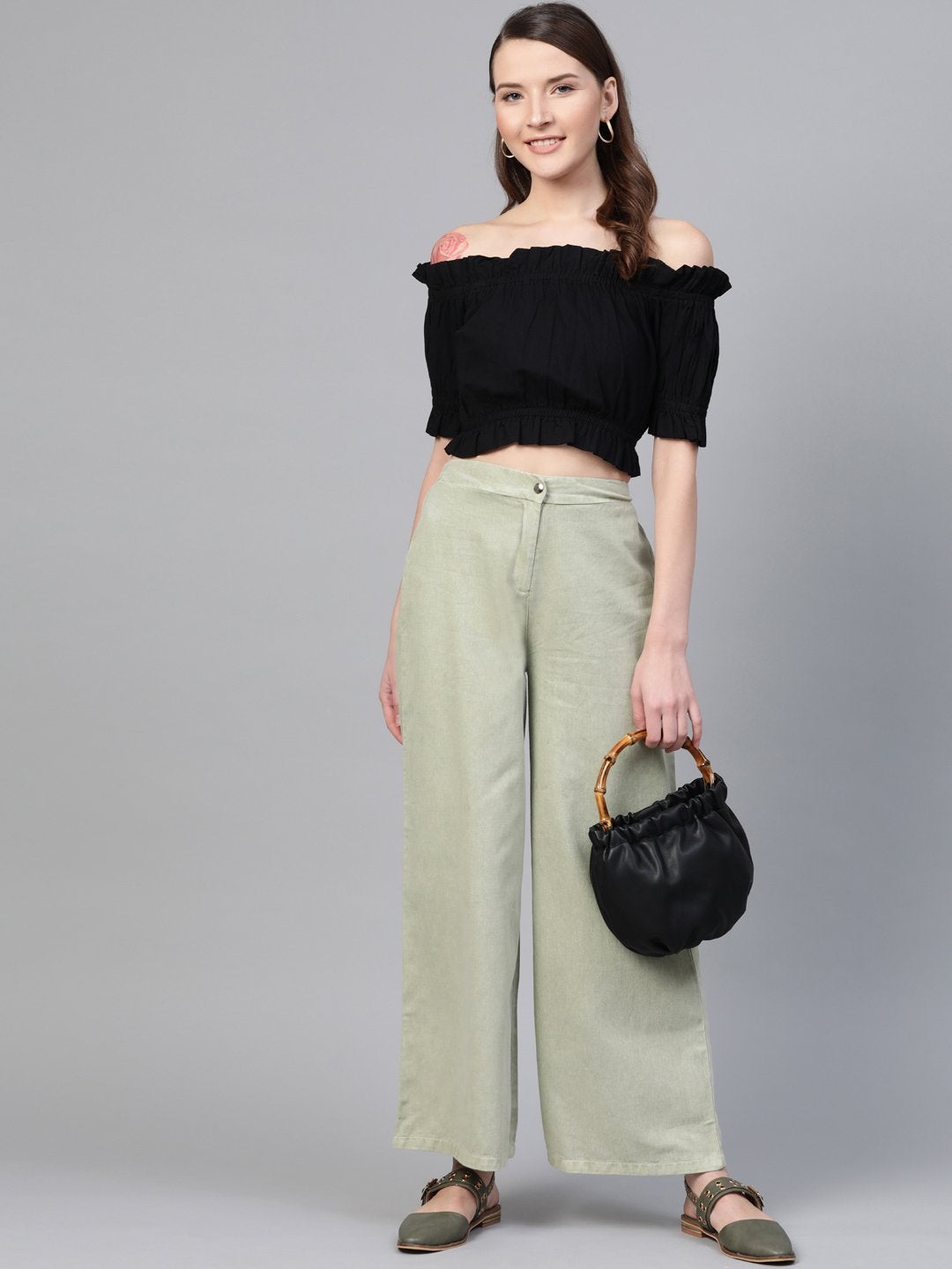 Women's Olive Denim Flared Pant