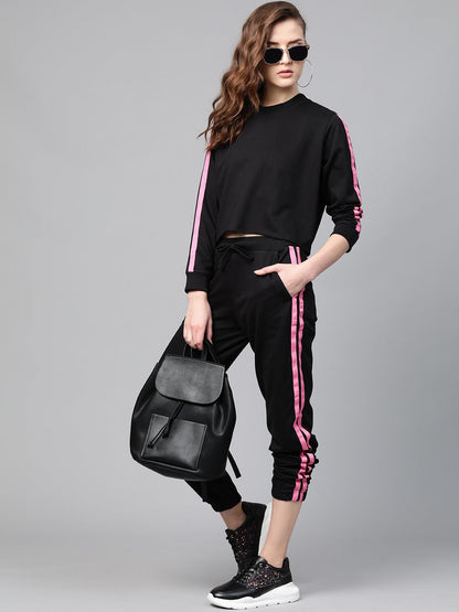 Women's Black Terry Contrast Side Tape Jogger