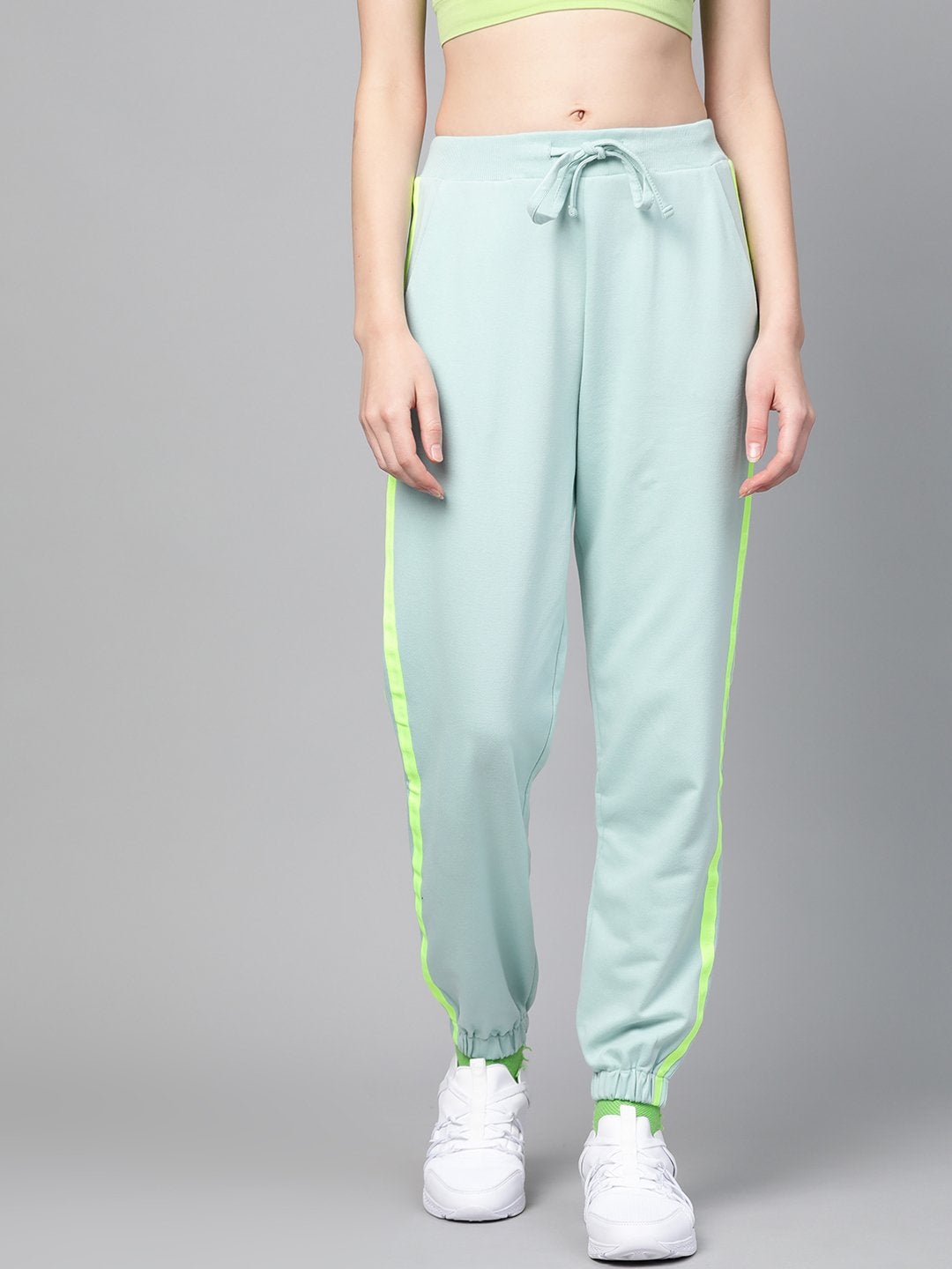 Women's Sea Green Terry Contrast Side Tape Jogger