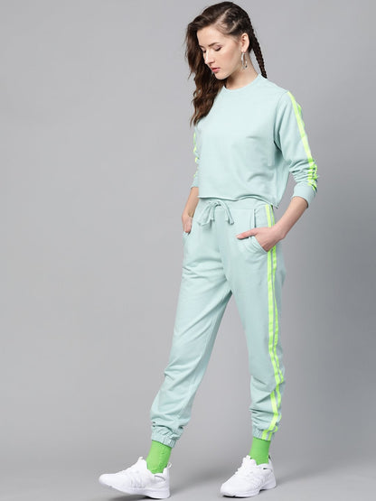 Women's Sea Green Terry Contrast Side Tape Jogger
