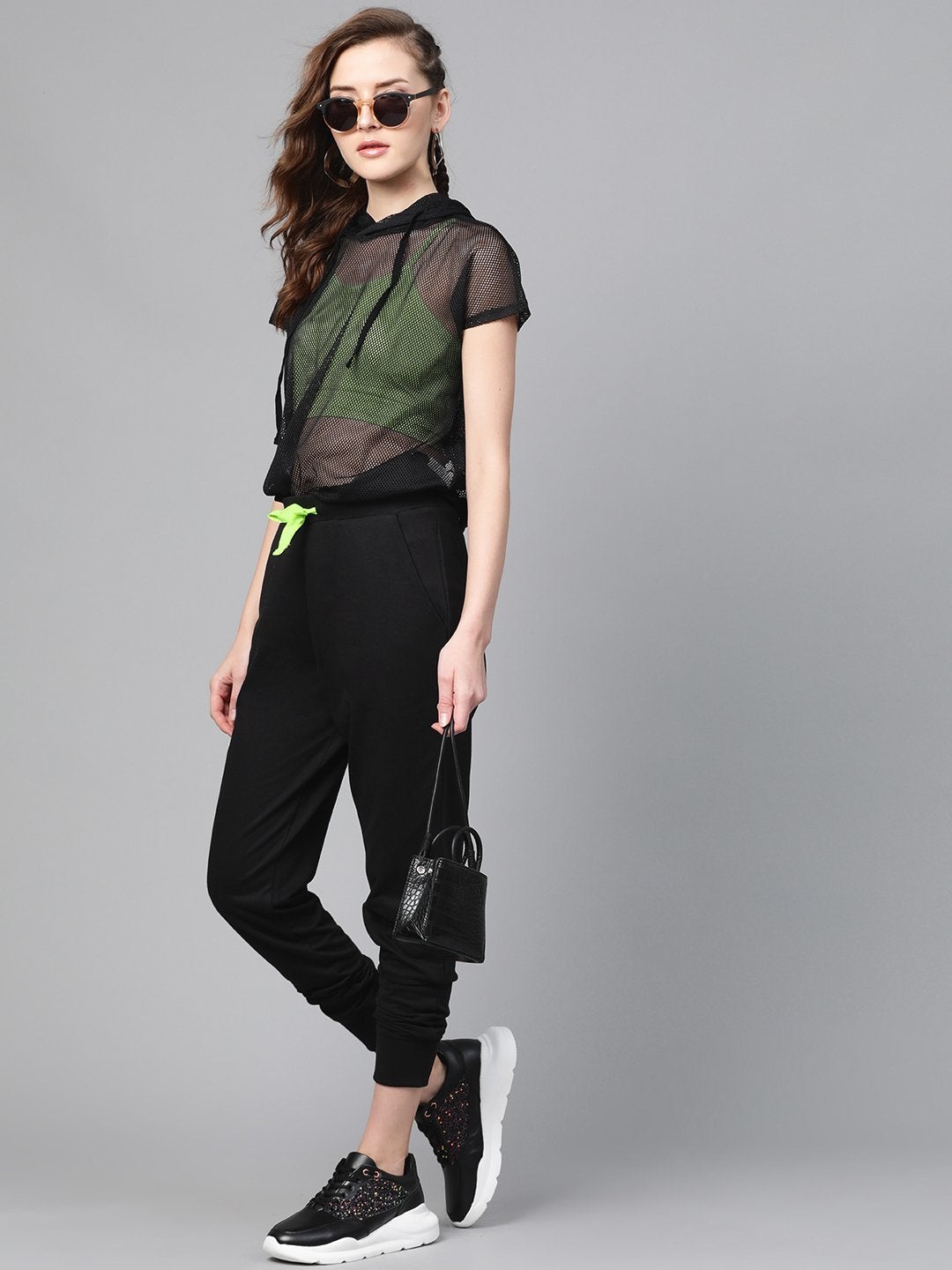 Women's Black Terry Contarst Drawstring Jogger