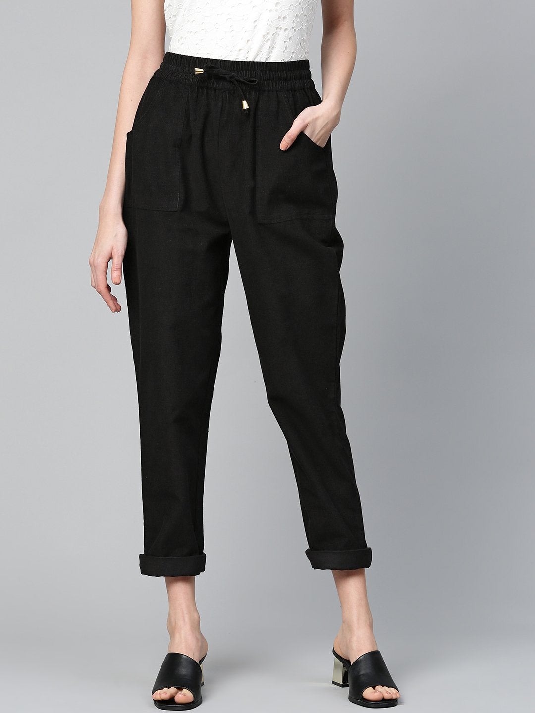 Women's Black Corduroy Street Style Drawstring Pants