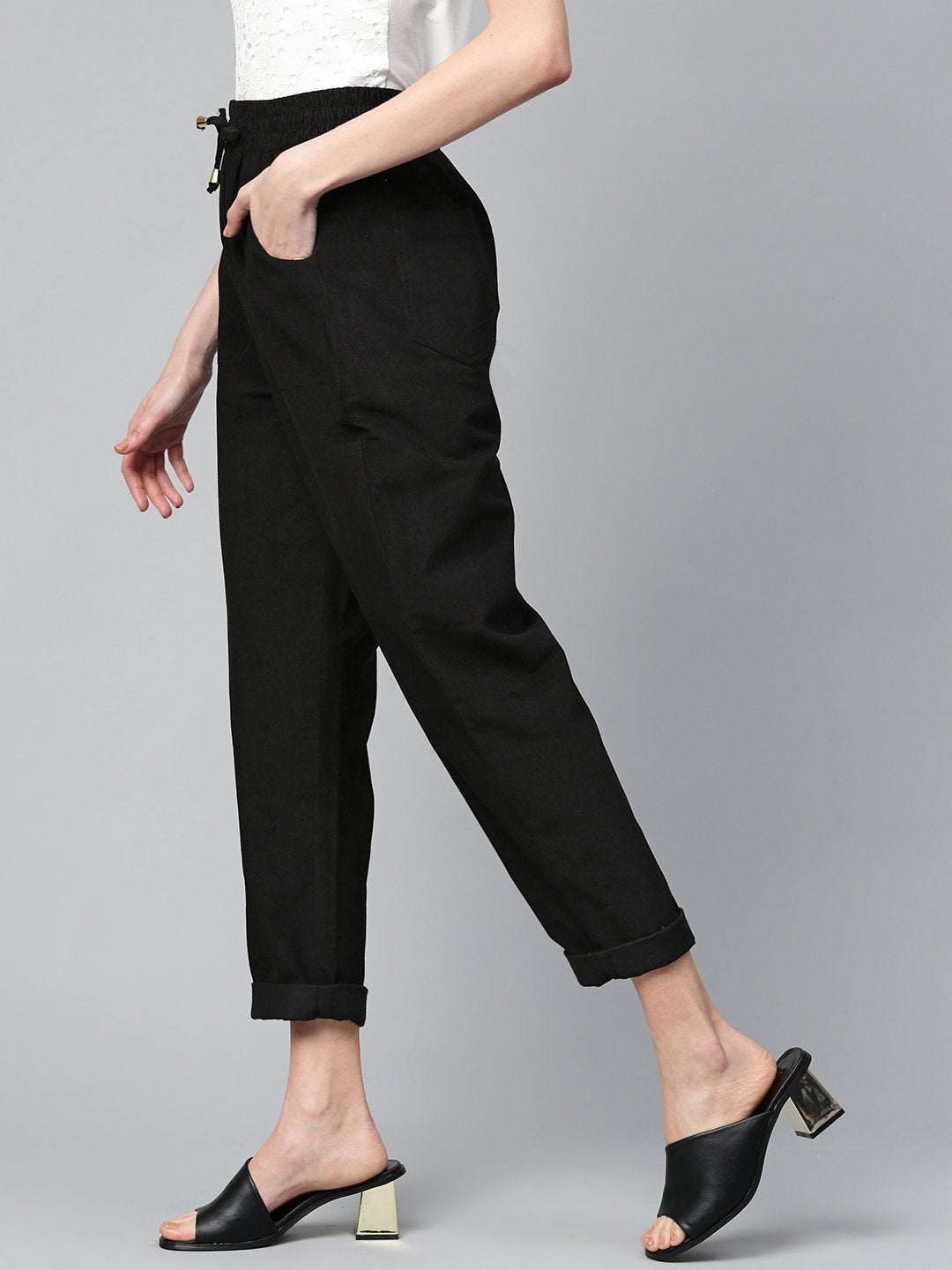 Women's Black Corduroy Street Style Drawstring Pants