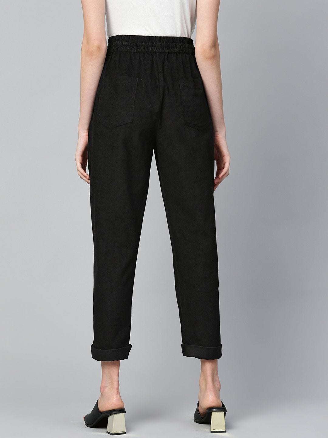 Women's Black Corduroy Street Style Drawstring Pants