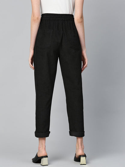 Women's Black Corduroy Street Style Drawstring Pants