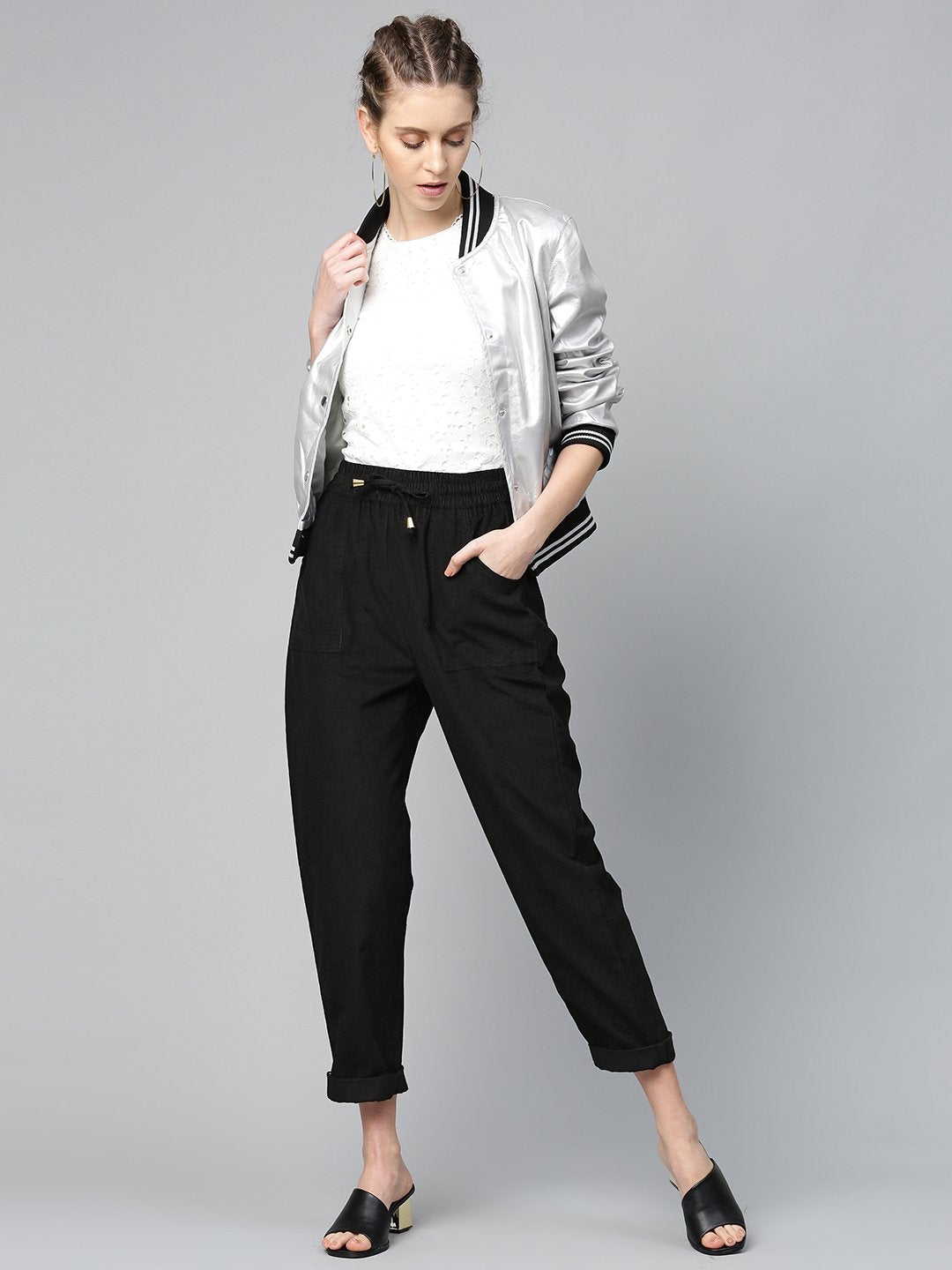 Women's Black Corduroy Street Style Drawstring Pants