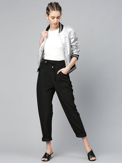 Women's Black Corduroy Street Style Drawstring Pants