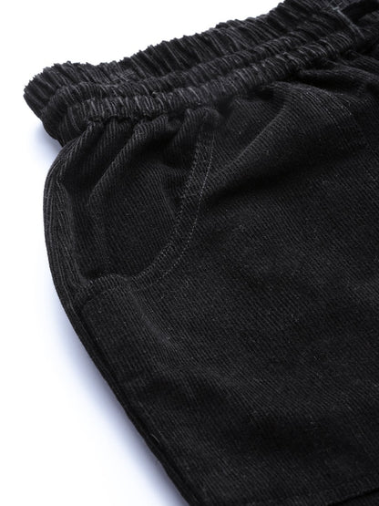 Women's Black Corduroy Street Style Drawstring Pants