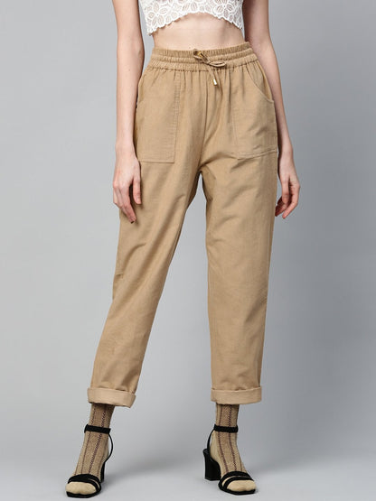 Women's Beige Corduroy Street Style Drawstring Pants