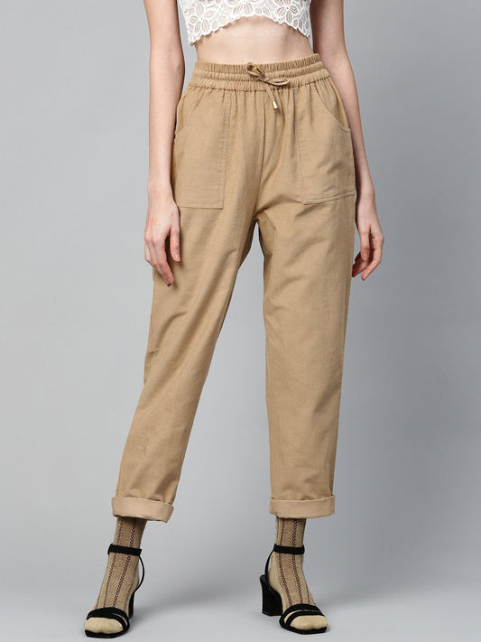 Women's Beige Corduroy Street Style Drawstring Pants