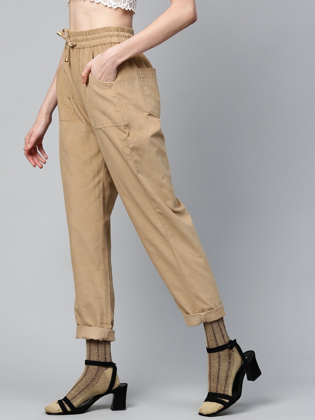 Women's Beige Corduroy Street Style Drawstring Pants