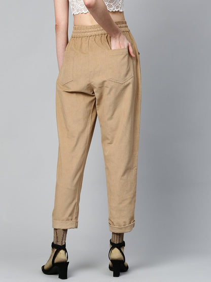 Women's Beige Corduroy Street Style Drawstring Pants