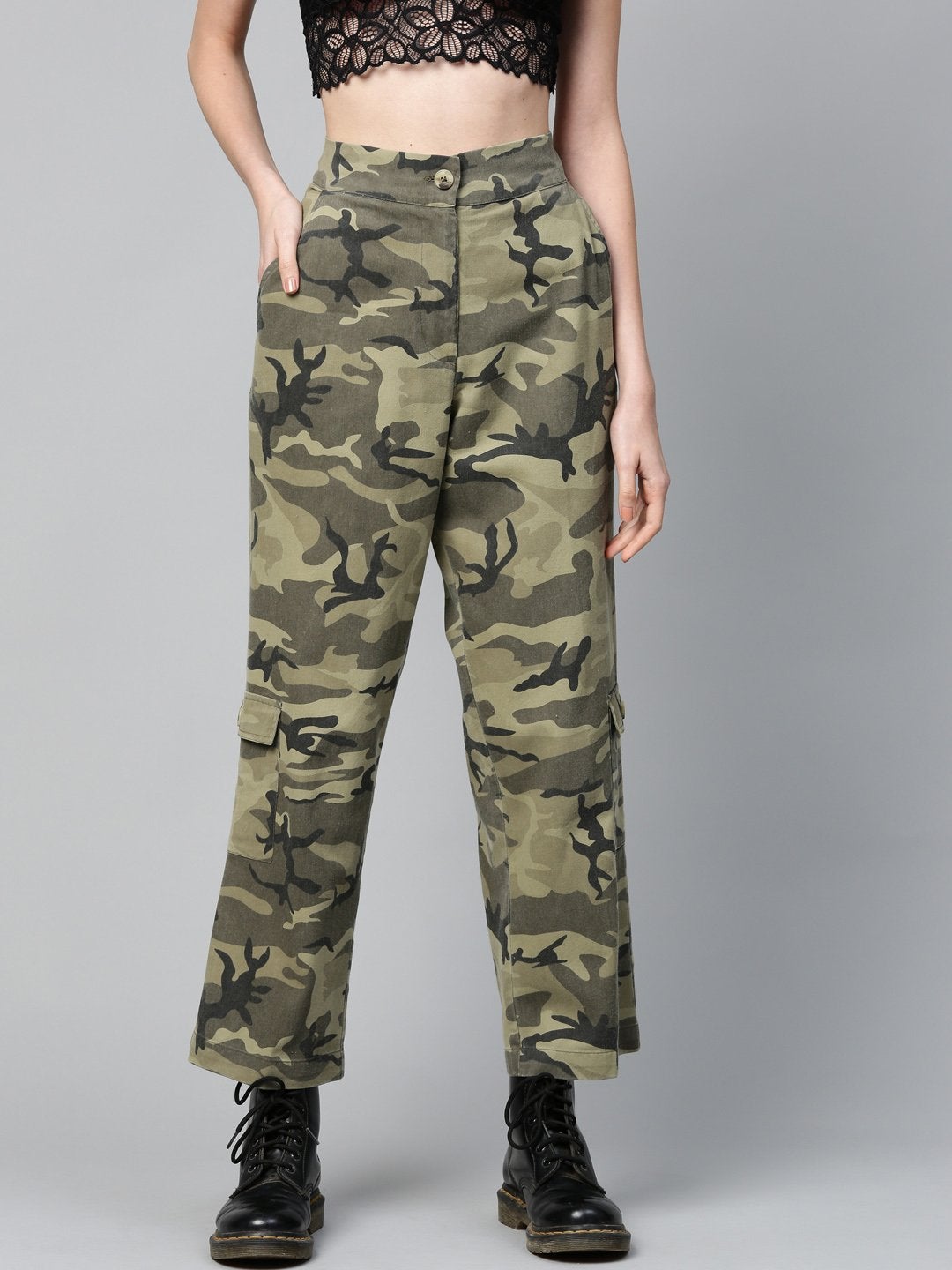 Women's Green Camouflage Twill Side Pocket Pants