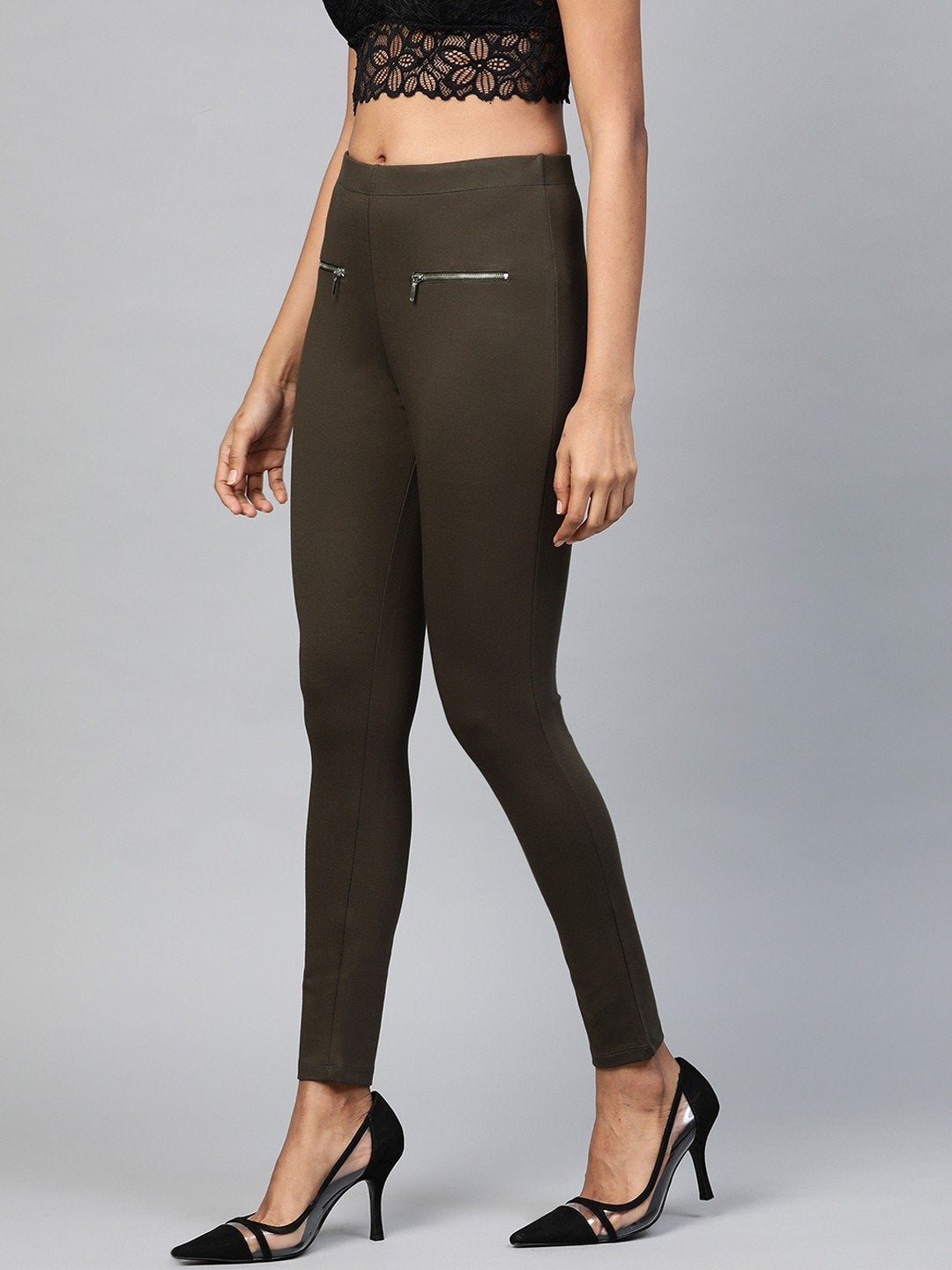 Women's Olive Pocket Chain Detail Jeggings