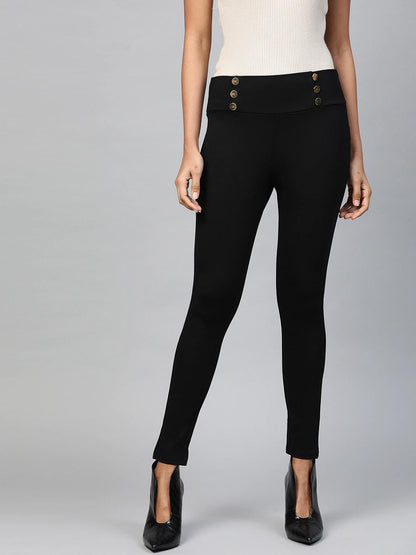 Women's Black Mock Button High Waist Jeggings