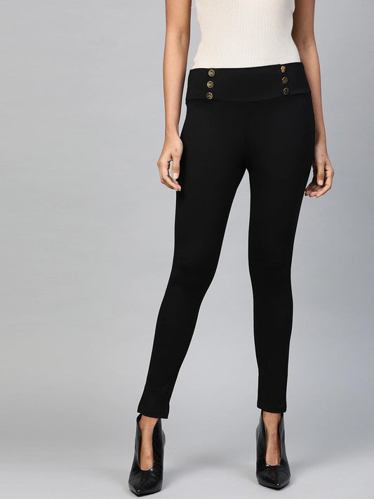 Women's Black Mock Button High Waist Jeggings