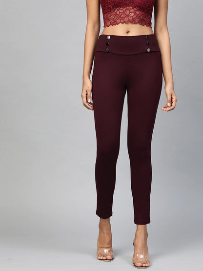 Women's Burgundy Mock Button High Waist Jeggings