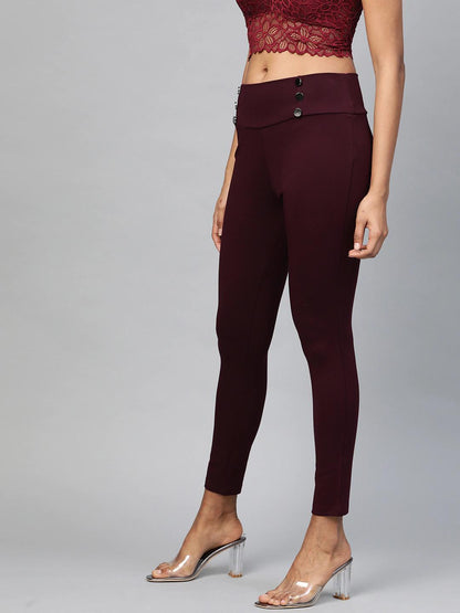 Women's Burgundy Mock Button High Waist Jeggings