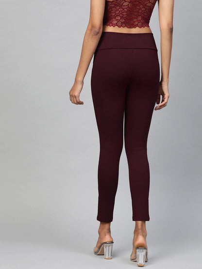 Women's Burgundy Mock Button High Waist Jeggings
