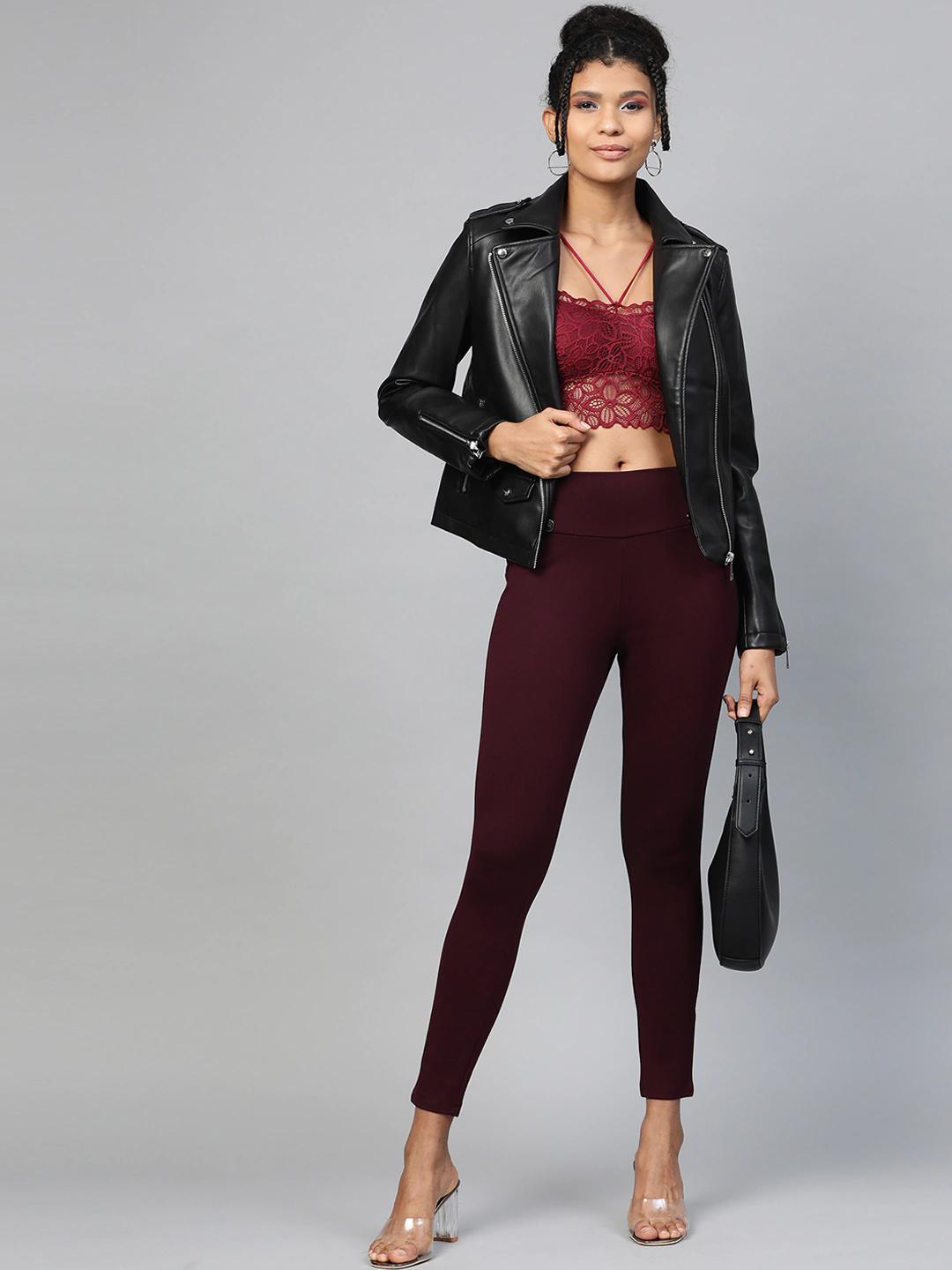 Women's Burgundy Mock Button High Waist Jeggings