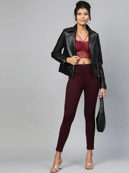 Women's Burgundy Mock Button High Waist Jeggings