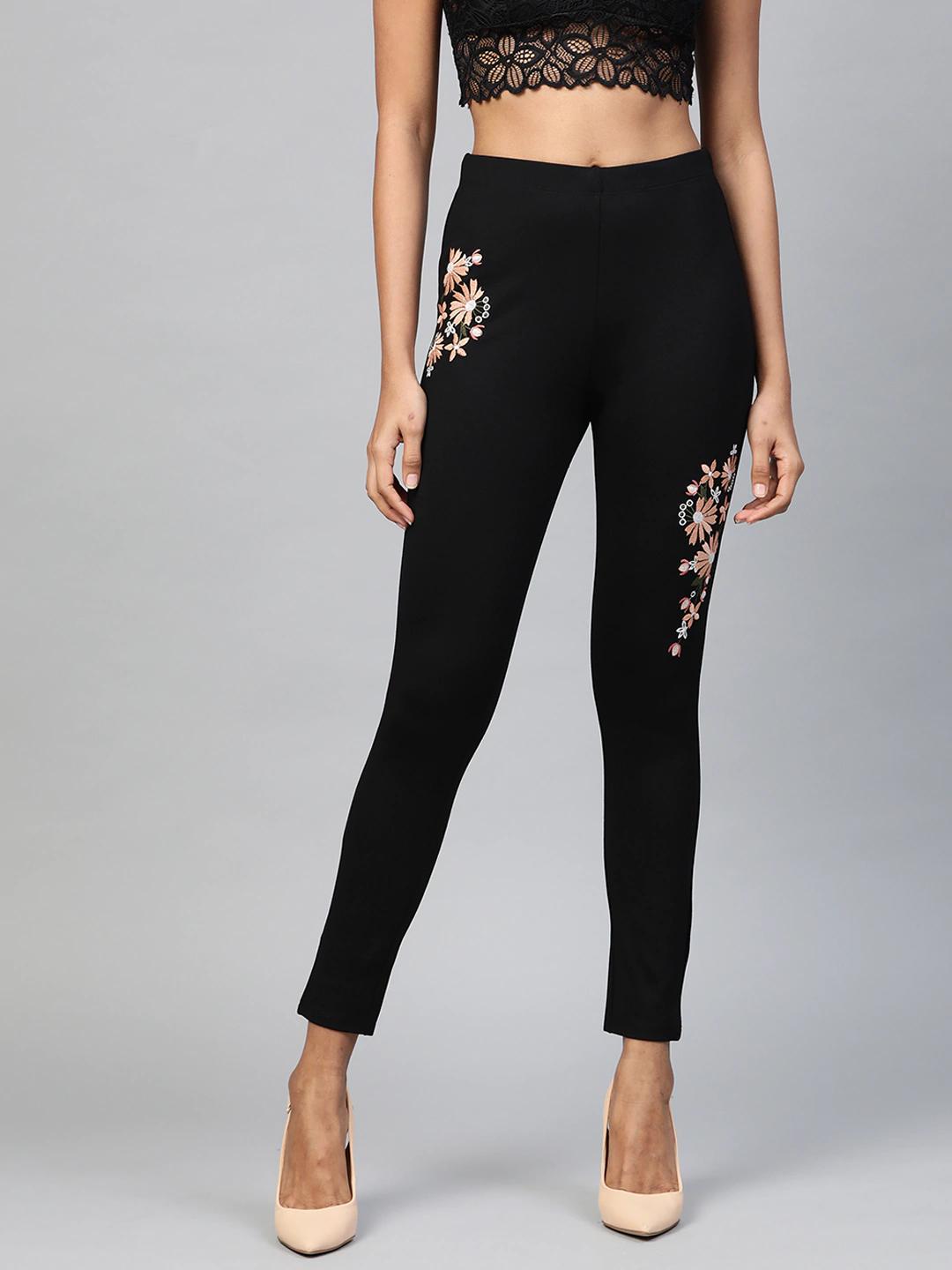 Women's Black Embroidered Jeggings