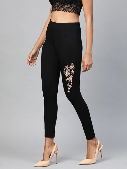 Women's Black Embroidered Jeggings