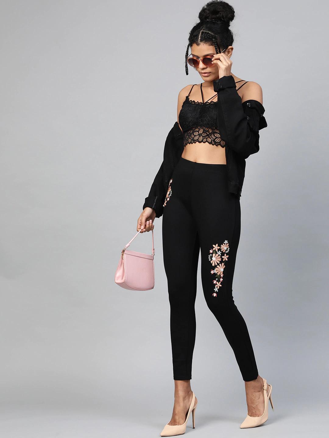 Women's Black Embroidered Jeggings