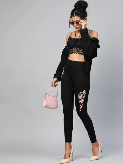 Women's Black Embroidered Jeggings