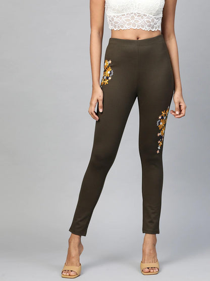 Women's Olive Embroidered Jeggings