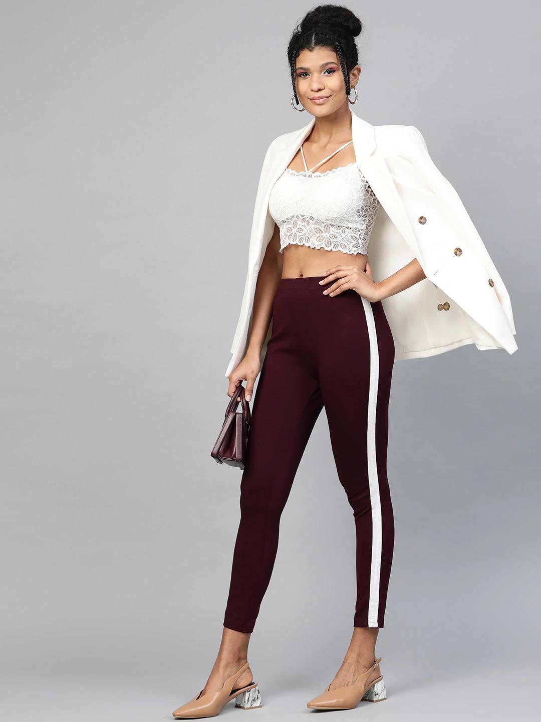 Women's Burgundy Side Tape Jeggings