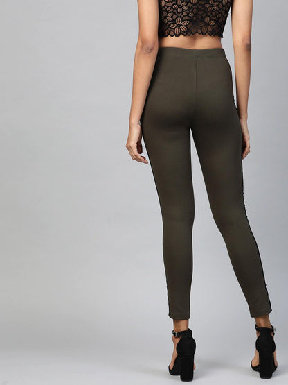 Women's Olive Side Tape Jeggings