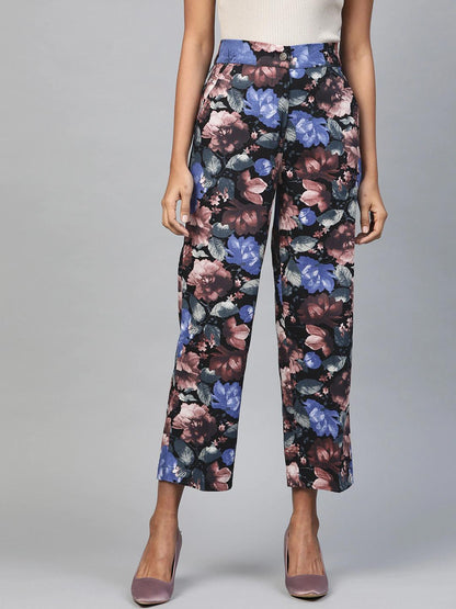Women's Blue Floral Straight Twill Pants