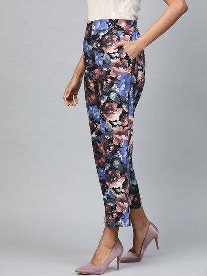 Women's Blue Floral Straight Twill Pants