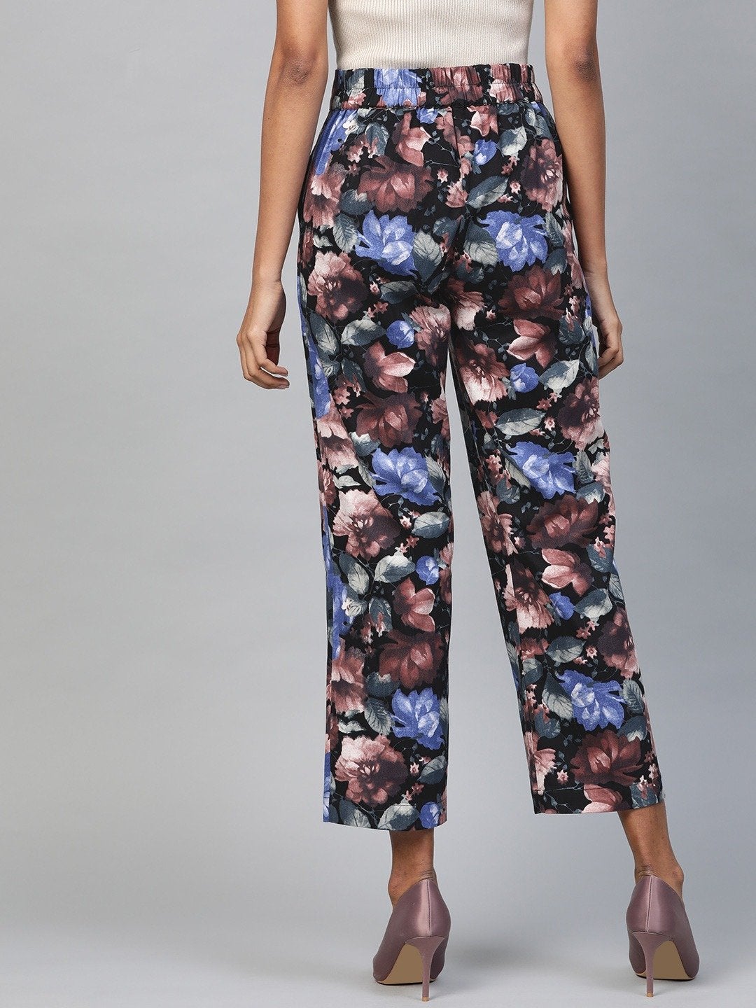 Women's Blue Floral Straight Twill Pants