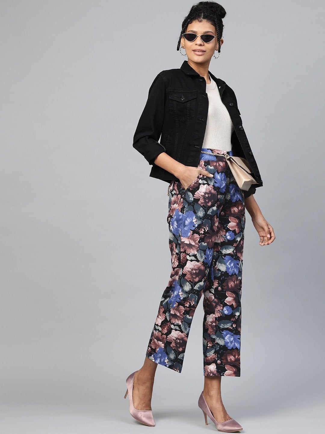 Women's Blue Floral Straight Twill Pants