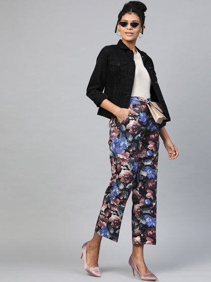 Women's Blue Floral Straight Twill Pants