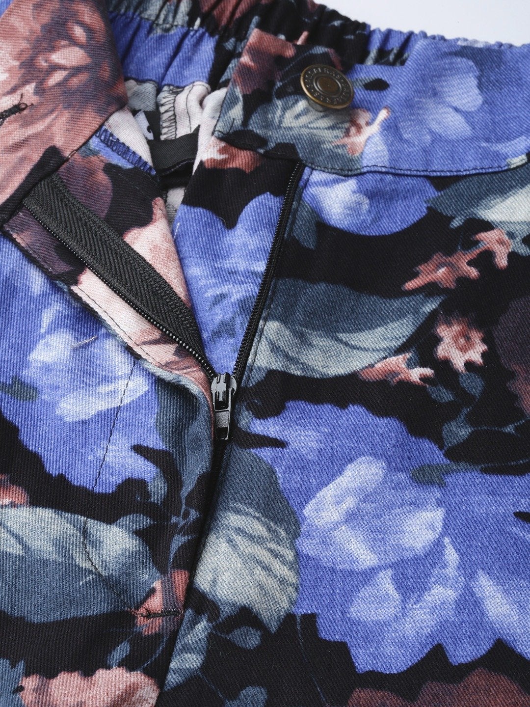 Women's Blue Floral Straight Twill Pants