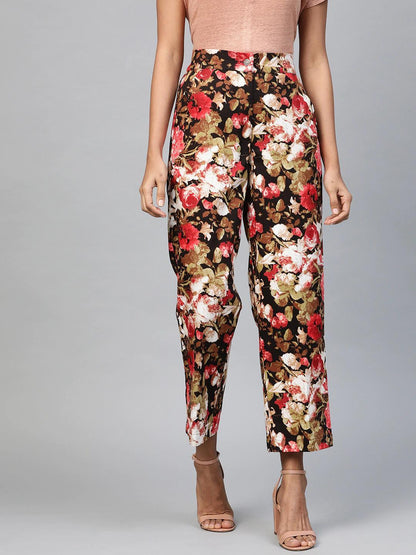 Women's Red Floral Straight Twill Pants
