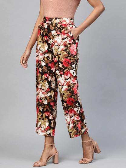 Women's Red Floral Straight Twill Pants