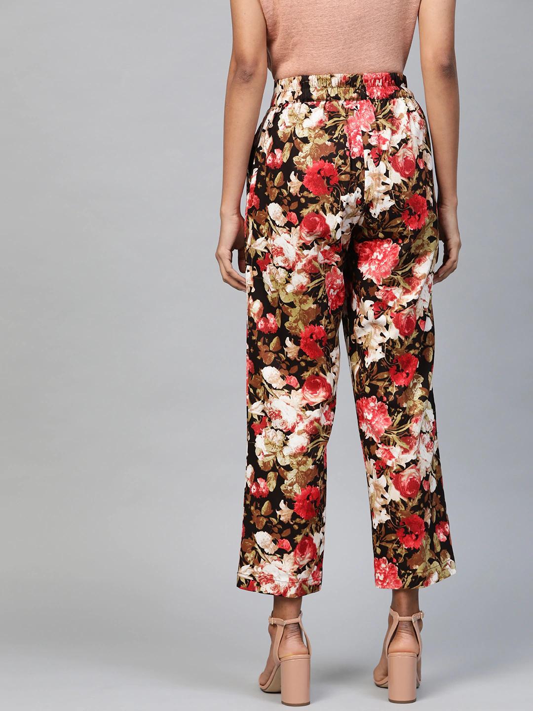 Women's Red Floral Straight Twill Pants
