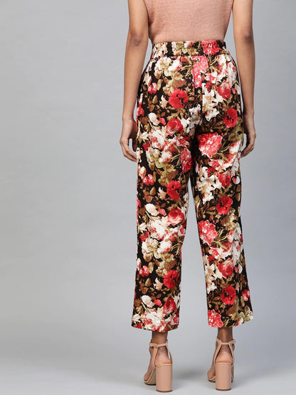 Women's Red Floral Straight Twill Pants