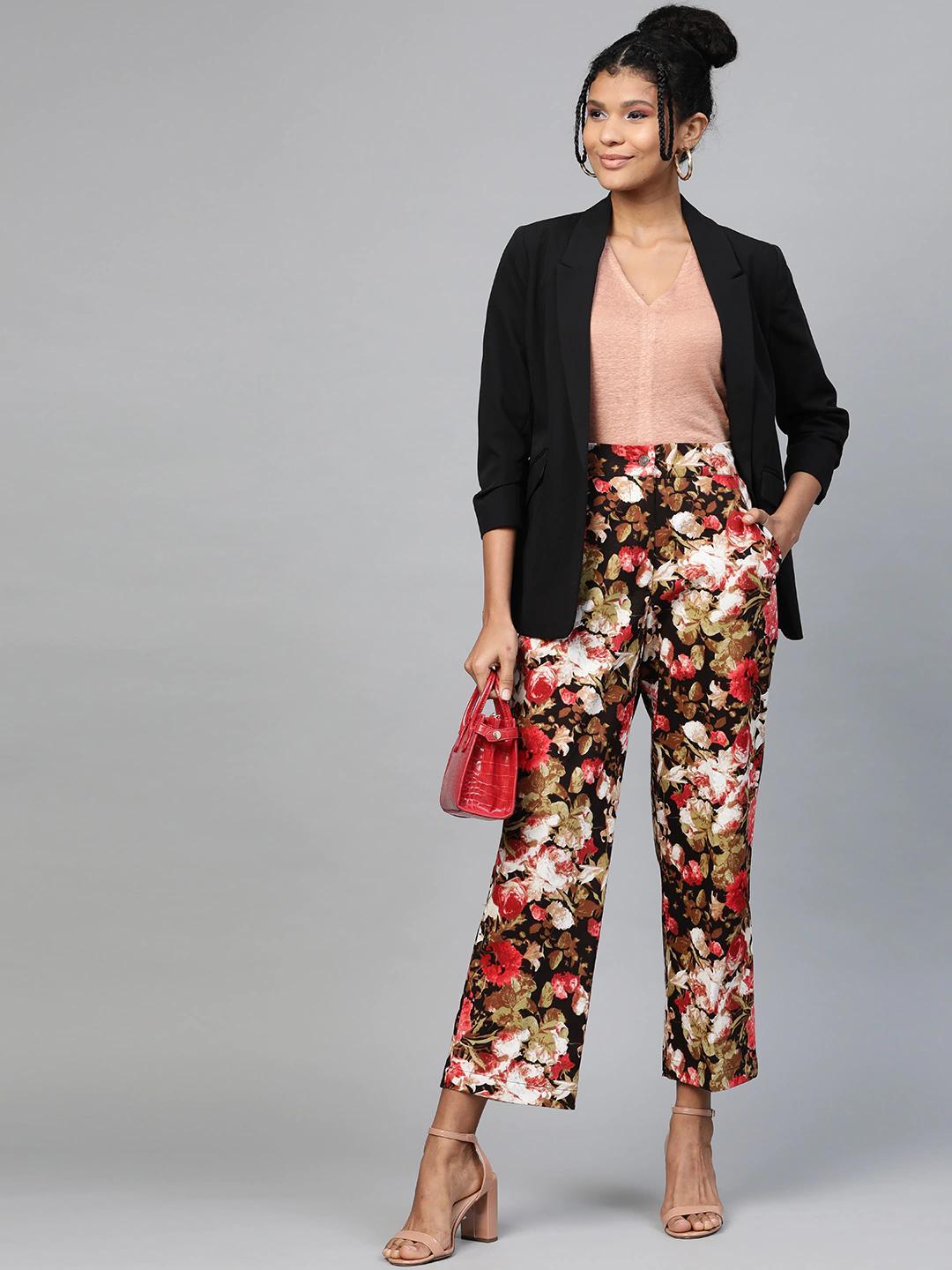 Women's Red Floral Straight Twill Pants