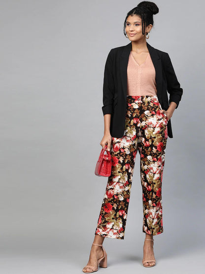 Women's Red Floral Straight Twill Pants