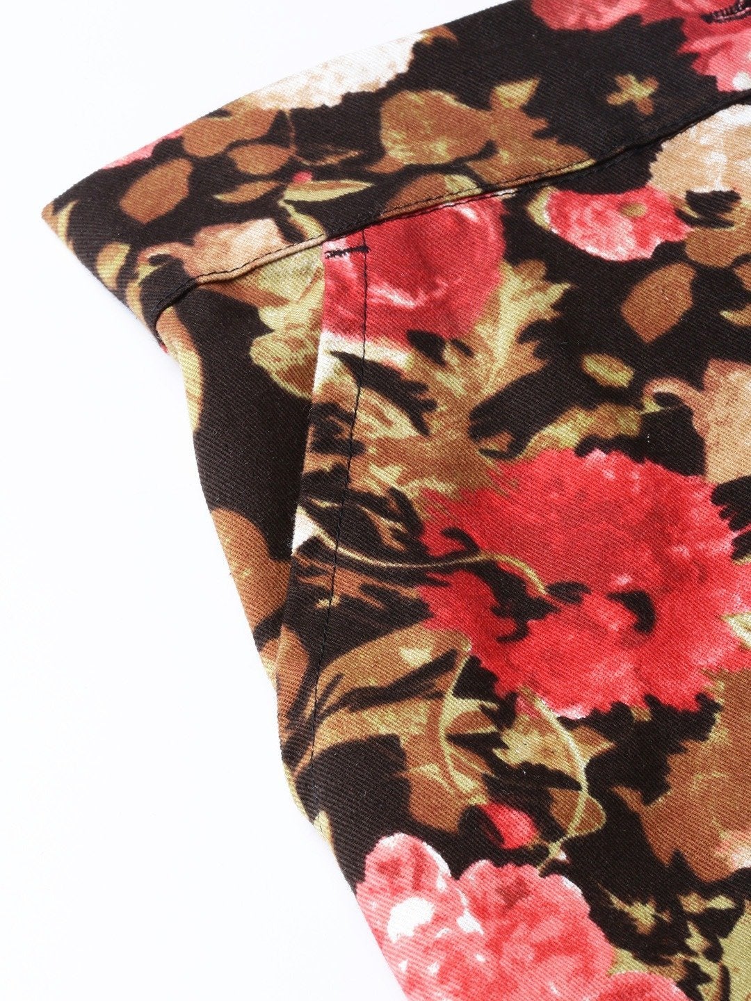 Women's Red Floral Straight Twill Pants