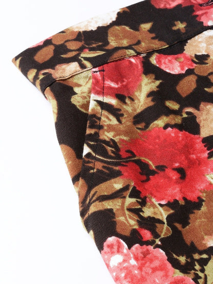 Women's Red Floral Straight Twill Pants