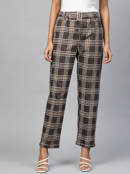 Women's Brown Check Tapered Twill Pants